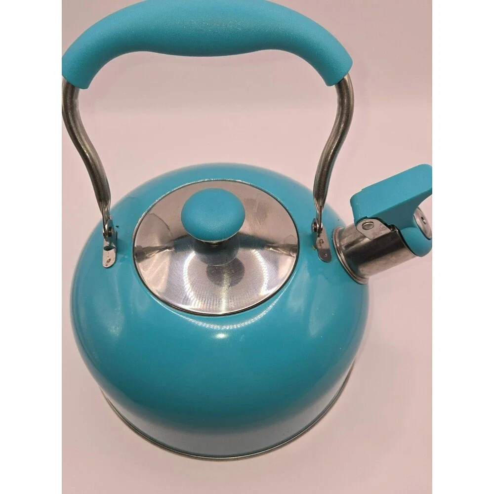 Vibrant Teal / Turquoise Whistling Tea Kettle – Stainless Steel Base (1.5–2 Qt)